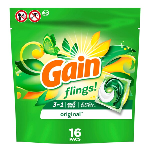 Gain Flings Laundry Detergent Soap Pacs,  Original Scent, 16 ct