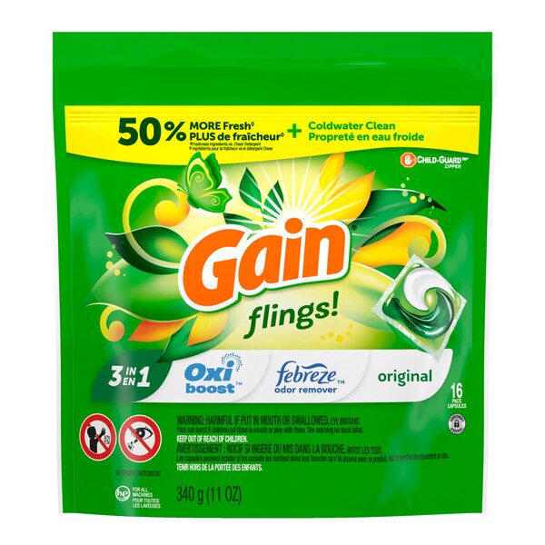 Gain Flings 3-in-1 Oxi Boost + Febreze Liquid Laundry Detergent Pacs,  Original Scent, 16 ct