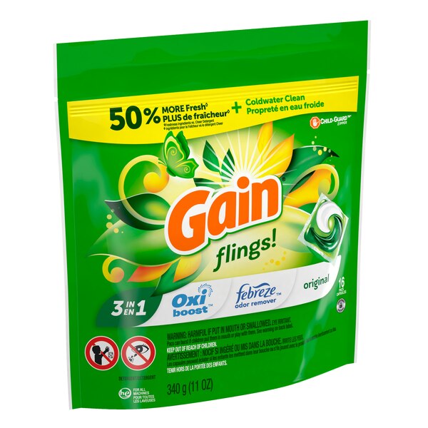 Gain Flings 3-in-1 Oxi Boost + Febreze Liquid Laundry Detergent Pacs,  Original Scent, 16 ct