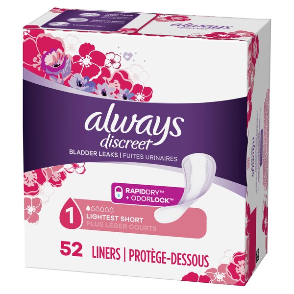 Always Discreet Lightest Short Liners, 52/Pack