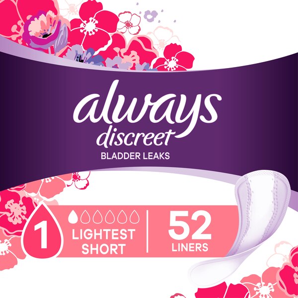 Always Discreet Lightest Short Liners, 52/Pack