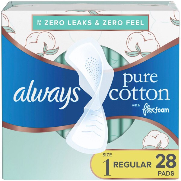 Always Pure Cotton with FlexFoam Pads Regular Absorbency, Size 1, 28 CT