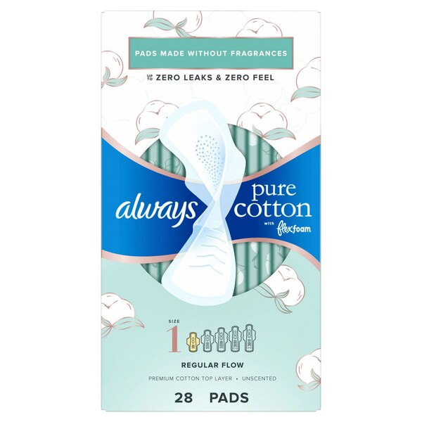 Always Pure Cotton with FlexFoam Pads Regular Absorbency, Size 1, 28 CT