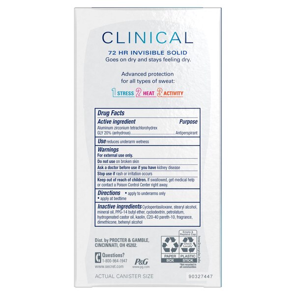 Secret Clinical Strength 72-Hour Invisible Solid Antiperspirant & Deodorant Stick, Completely Clean, 1.6 OZ