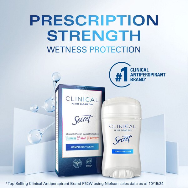 Secret Clinical Strength 72-Hour Clear Gel Antiperspirant & Deodorant Stick, Completely Clean, 1.6 OZ