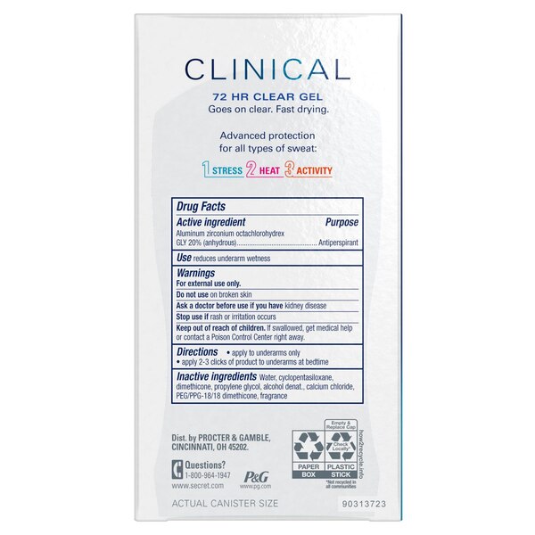 Secret Clinical Strength 72-Hour Clear Gel Antiperspirant & Deodorant Stick, Completely Clean, 1.6 OZ