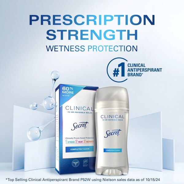 Secret Clinical Strength 48-Hour Invisible Solid Antiperspirant Stick, Completely Clean, 2.6 OZ