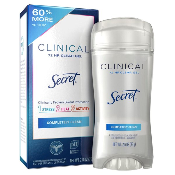Secret Clinical Strength 72-Hour Clear Gel Antiperspirant & Deodorant Stick, Completely Clean, 2.6 OZ