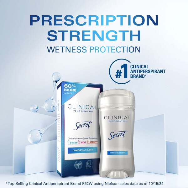 Secret Clinical Strength 72-Hour Clear Gel Antiperspirant & Deodorant Stick, Completely Clean, 2.6 OZ