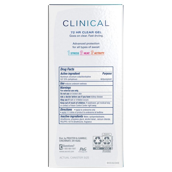 Secret Clinical Strength 72-Hour Clear Gel Antiperspirant & Deodorant Stick, Completely Clean, 2.6 OZ
