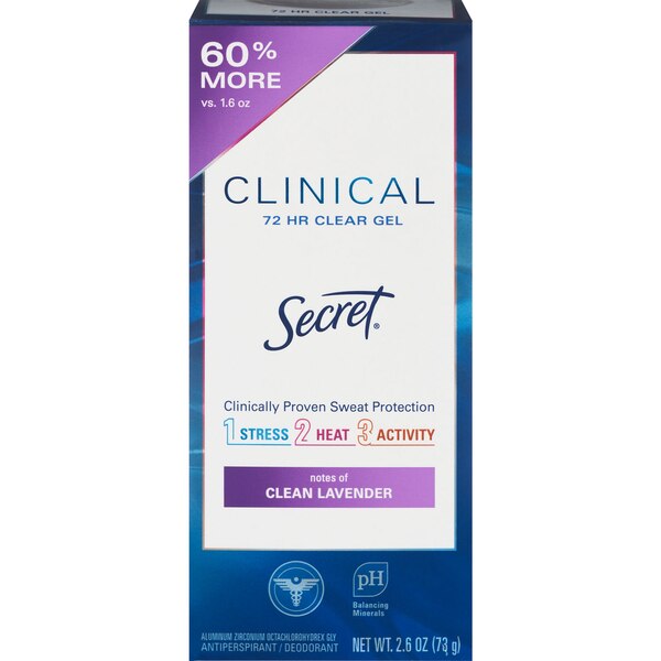 Secret Clinical 72 HR Clear Gel Antiperspirant Deodorant, Clean Lavender, 2.6 OZ