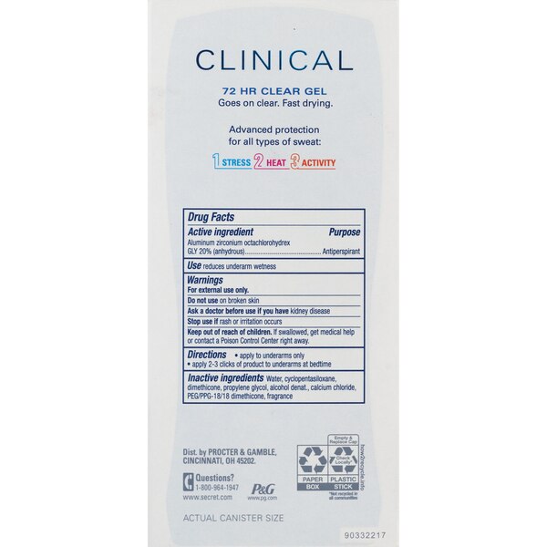 Secret Clinical 72 HR Clear Gel Antiperspirant Deodorant, Clean Lavender, 2.6 OZ