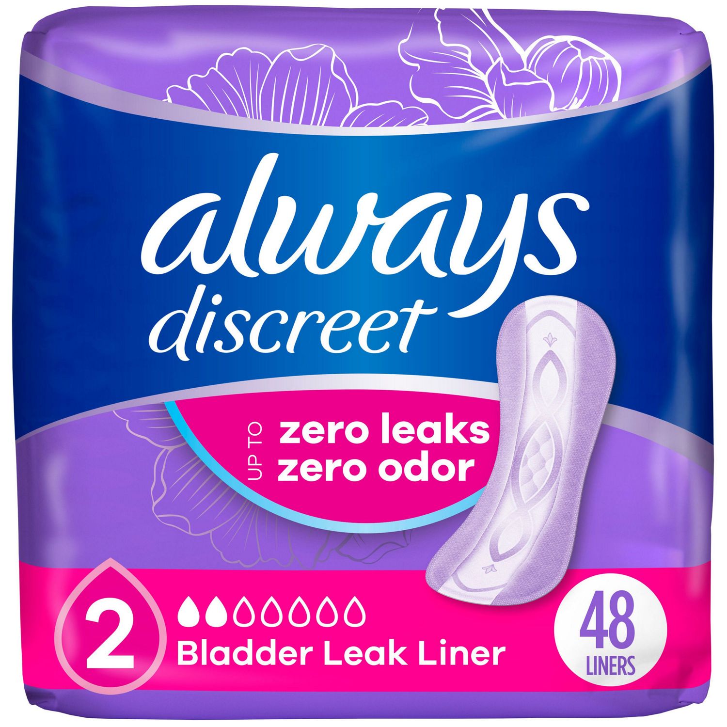 Always Discreet Incontinence Liners 2 Drop Light Absorbancy, Regular, 48 CT