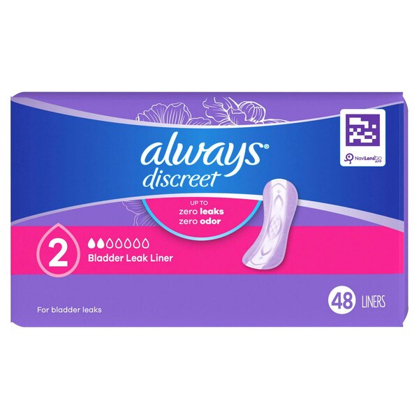 Always Discreet Incontinence Liners 2 Drop Light Absorbancy, Regular, 48 CT