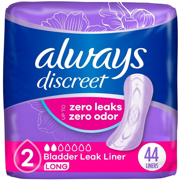 Always Discreet Incontinence Liners 2 Drop Light Absorbancy, Long, 44 CT