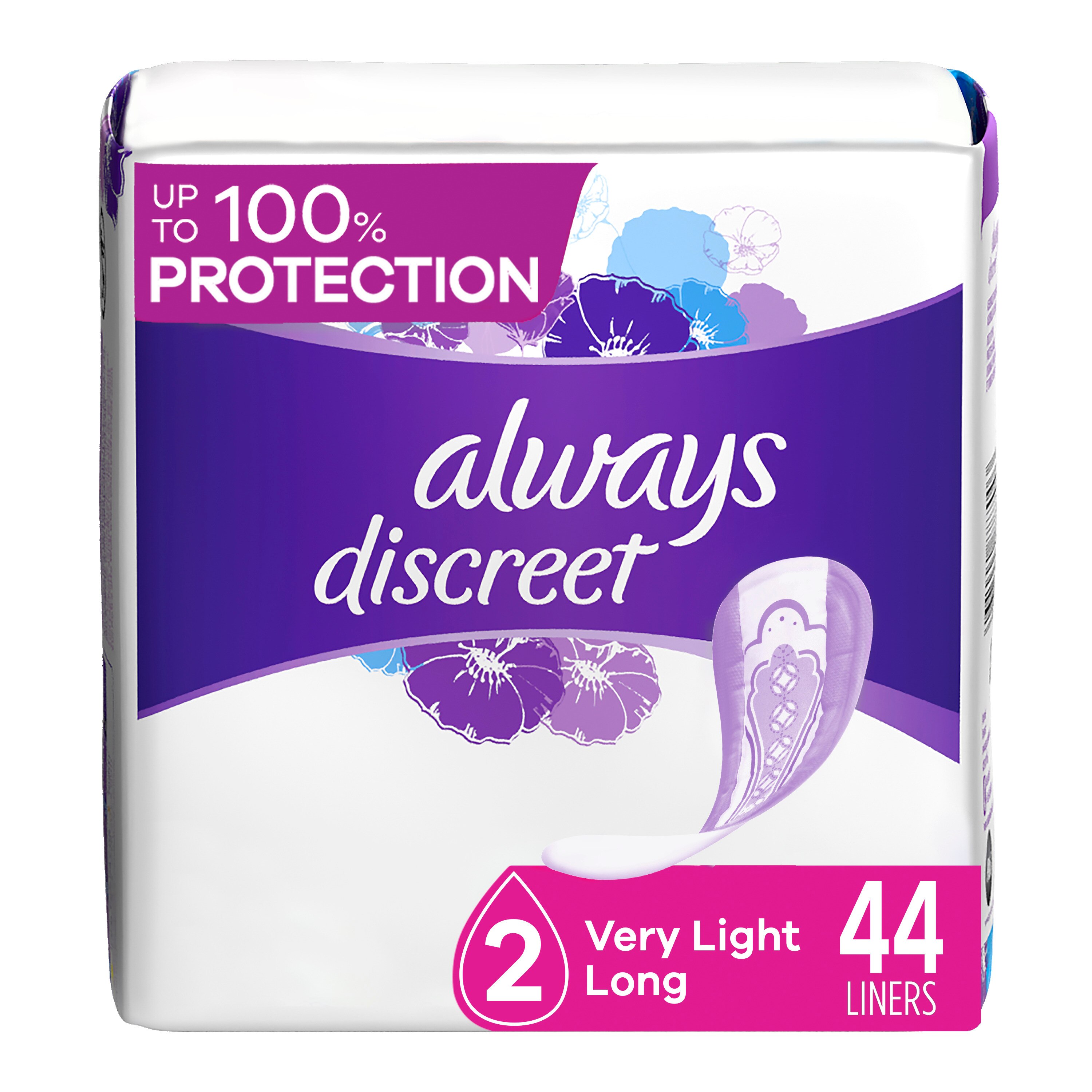 Always Discreet Incontinence Liners 2 Drop Light Long 44ct