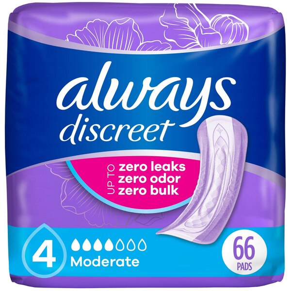 Always Discreet Adult Incontinence Pads for Women, Moderate Absorbency, Regular Length, Postpartum Pads, 66 CT