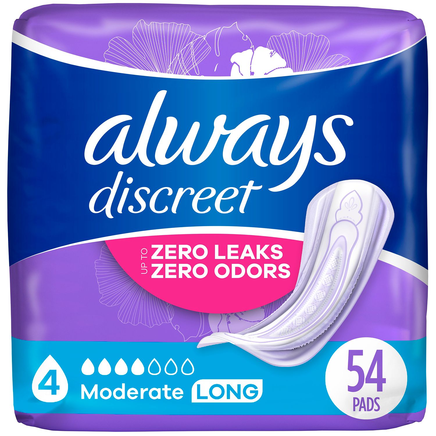 Always Discreet Incontinence Pads 4 Drop Long 54 ct