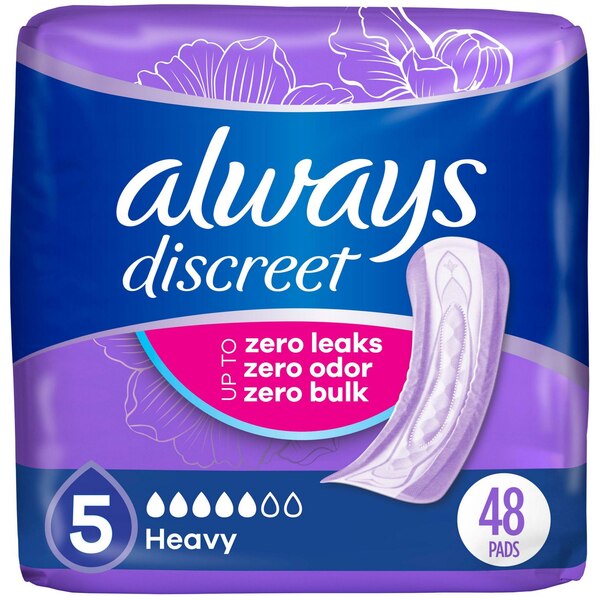 Always Discreet Incontinence Pads 5 Drops 5 Heavy Absorbancy, Regular, 48 CT