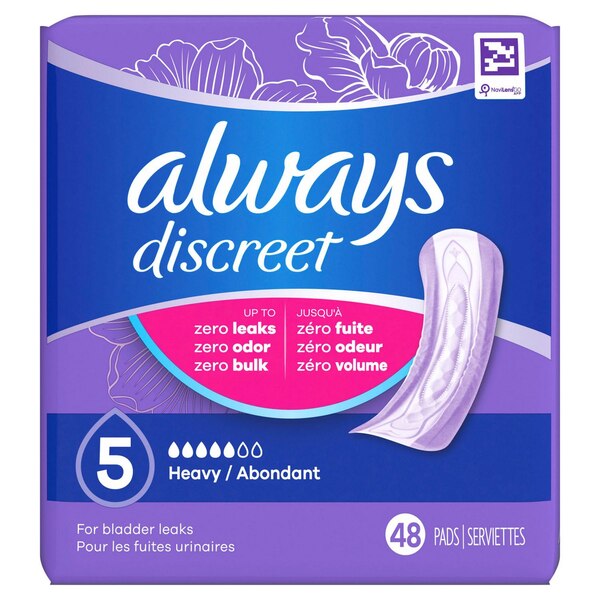Always Discreet Incontinence Pads 5 Drops 5 Heavy Absorbancy, Regular, 48 CT