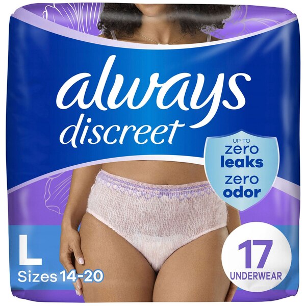 Always Discreet Incontinence Underwear for Women Maximum Protection, L, 17 CT