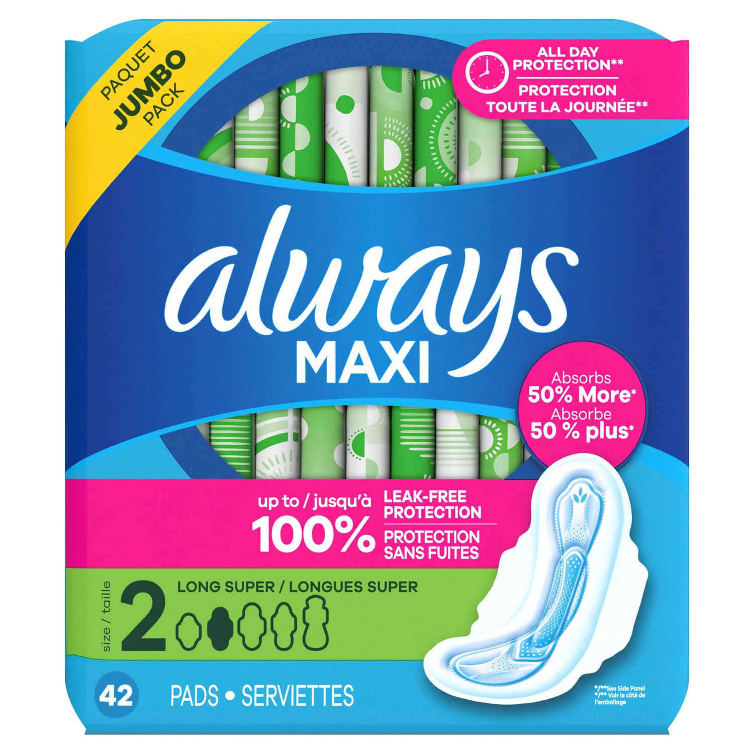 Always Size 2 Long Maxi Pads with Wings, Unscented, Super