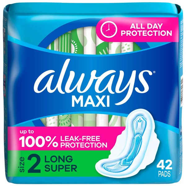 Always Size 2 Long Maxi Pads with Wings, Unscented, Super