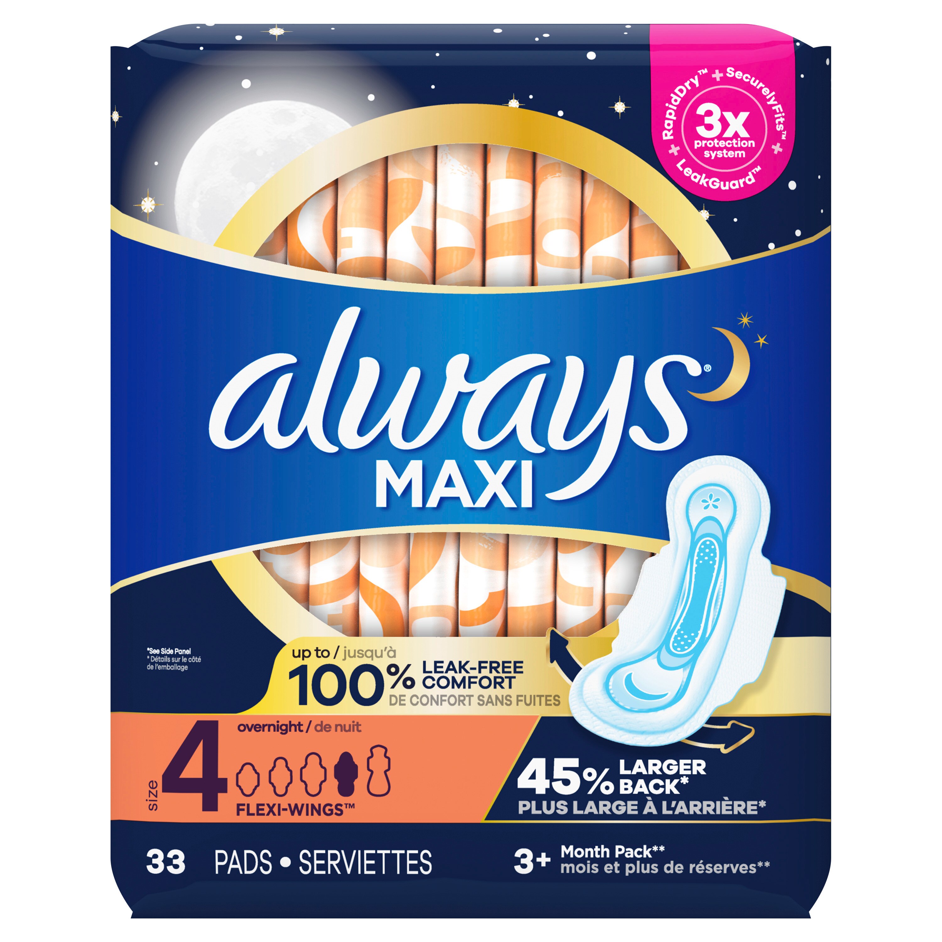 Always Size 4 Maxi Pads with Wings, Unscented, Overnight