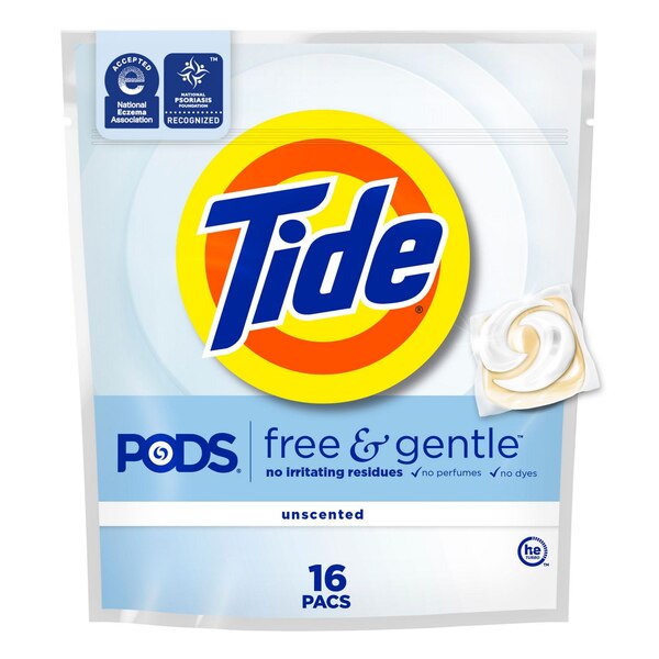 Tide PODS Liquid Laundry Detergent Pacs, Free & Gentle, 16 ct