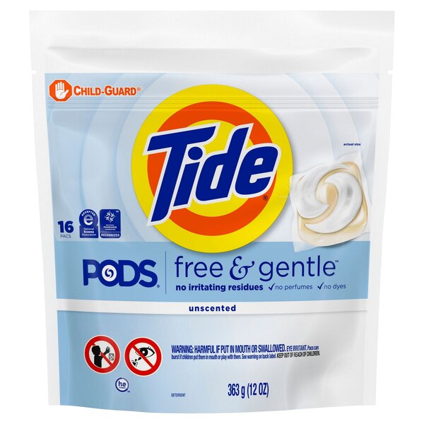Tide PODS Liquid Laundry Detergent Pacs, Free & Gentle, 16 ct