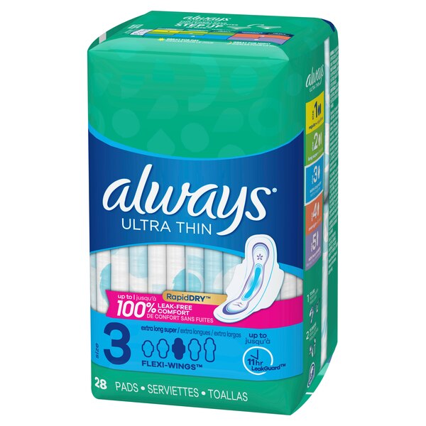 Always Ultra Thin Extra Long Size 3 Pads with Wings, Unscented, Super
