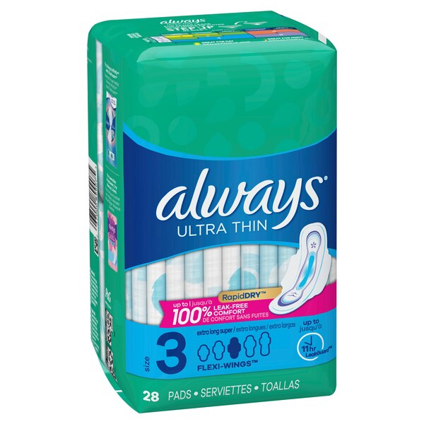 Always Ultra Thin Extra Long Size 3 Pads with Wings, Unscented, Super