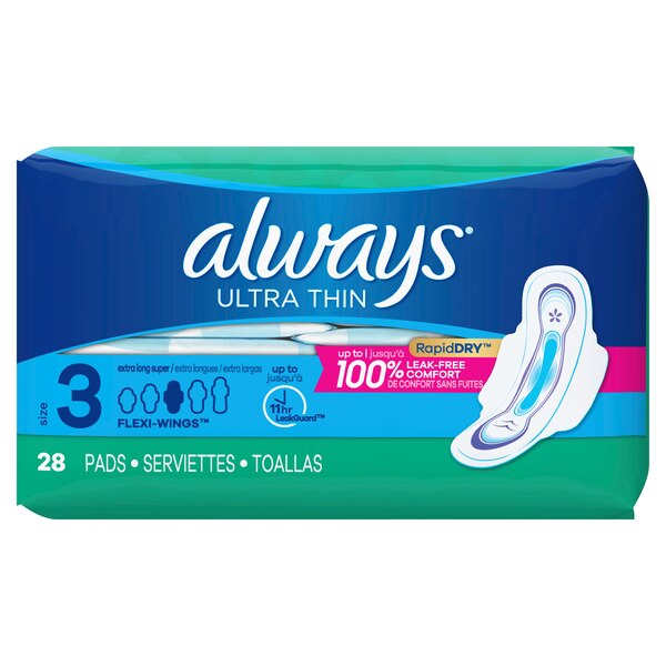 Always Ultra Thin Extra Long Size 3 Pads with Wings, Unscented, Super