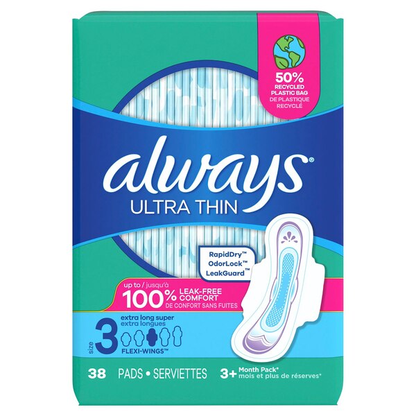 Always Ultra Thin Size 3 Super Pads With Wings Unscented, 38 CT