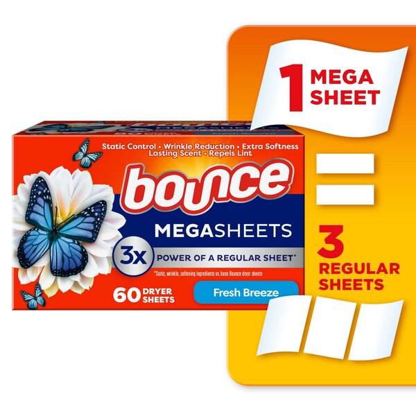 Bounce WrinkleGuard Mega Dryer Sheets, Outdoor Fresh, 60 ct