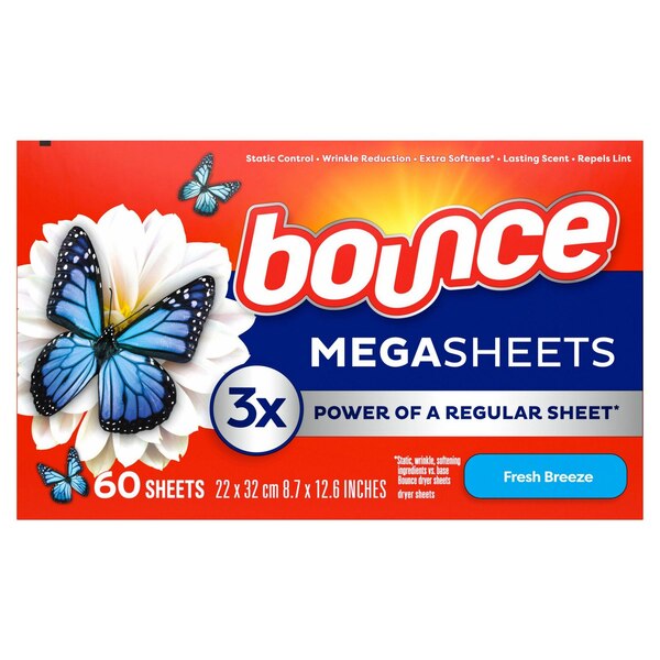 Bounce WrinkleGuard Mega Dryer Sheets, Outdoor Fresh, 60 ct