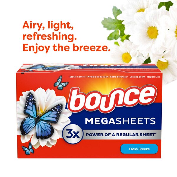 Bounce WrinkleGuard Mega Dryer Sheets, Outdoor Fresh, 60 ct