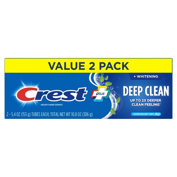 Crest Complete Plus Deep Clean + Whitening Anticavity Fluoride Toothpaste, Effervescent Mint, 5.4 OZ, 2 Pack