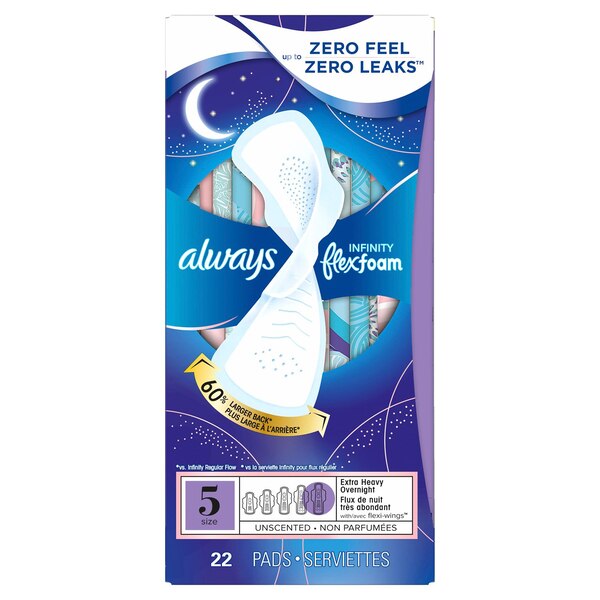 Always Infinity Feminine Pads for Women, Size 5, Extra Heavy Overnight with Wings, Unscented, 22 CT