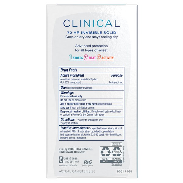 Secret Clinical Strength 72-Hour Antiperspirant & Deodorant Stick, Free & Sensitive, 1.6 OZ