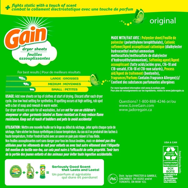Gain Fabric Softener Dryer Sheets, Original Scent, 240 ct