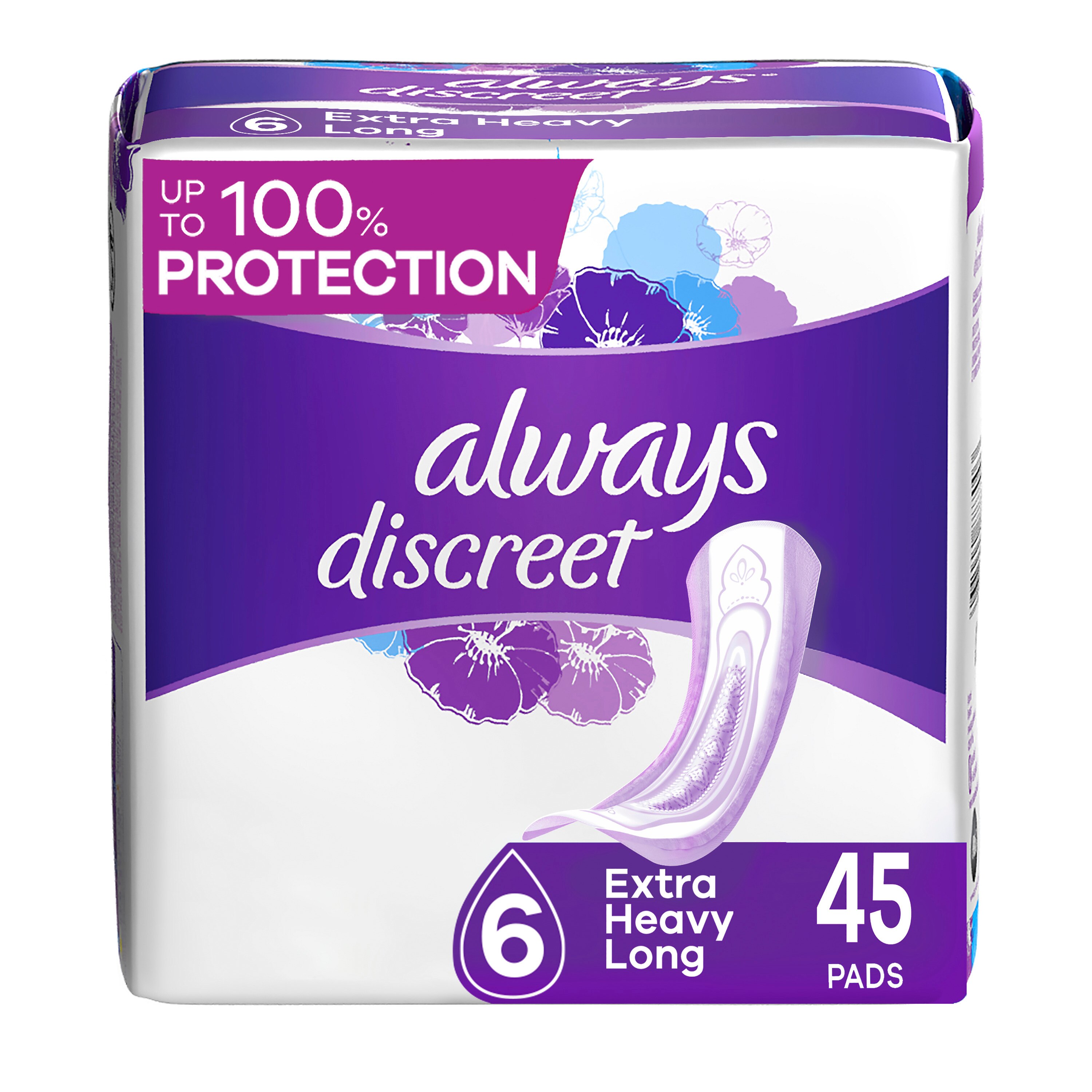 Always Discreet Incontinence Pads for Women, Extra Heavy Absorbency, Long Length, 45 Count