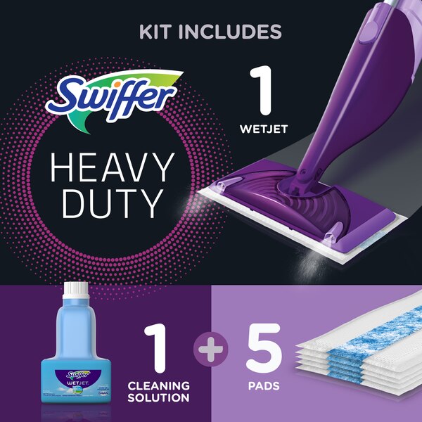 Swiffer WetJet Mop Starter Kit (1 Spray Mop, 5 Mopping Pads, 1 Floor Cleaner Liquid Solution)