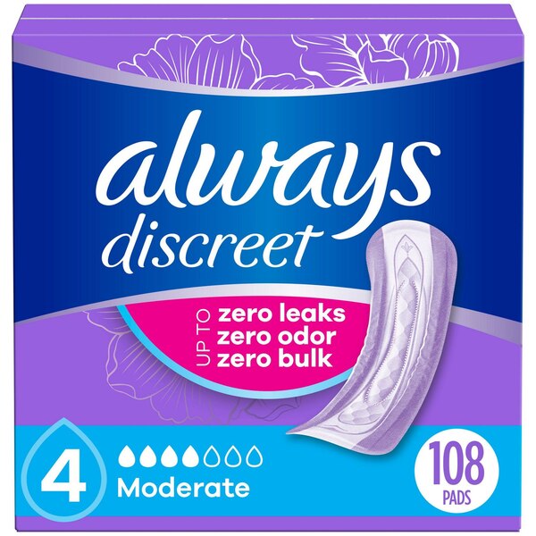 Always Discreet Women's Incontinence and Postpartum Pads, Moderate, 108 CT