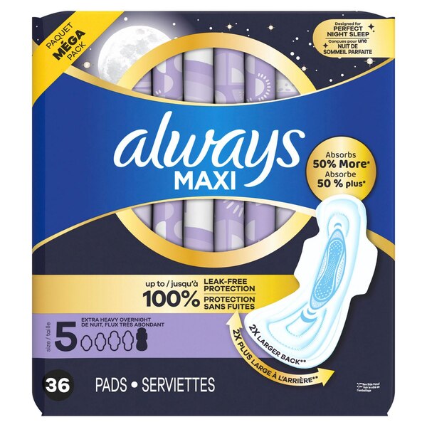 Always Size 5 Maxi Pads with Wings, Unscented, Extra Heavy Overnight