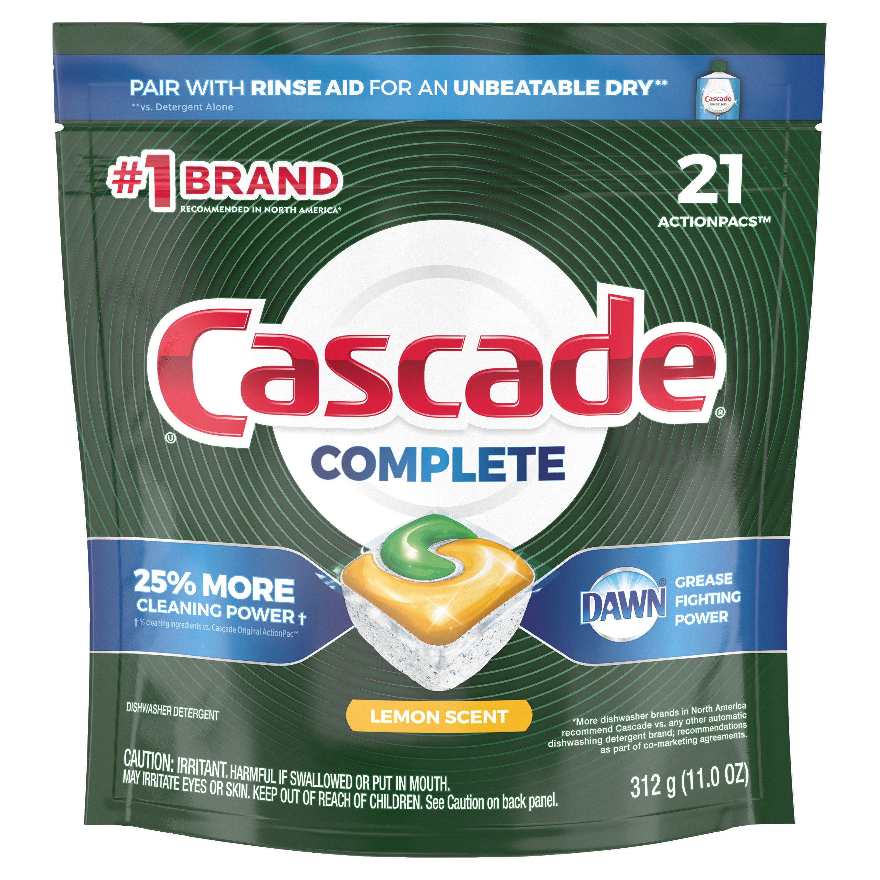 Cascade Complete ActionPacs Dishwasher Detergent, Lemon Scent, 21 CT