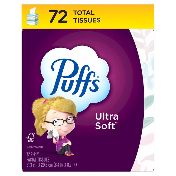 Puffs Ultra Soft Facial Tissues, 1 Mega Cube Box, 72 Facial Tissues Per Box