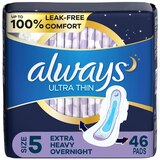 Always Ultra Thin Overnight Pads with Flexi-Wings, Size 5, Extra Heavy Overnight, Unscented, 46 CT, thumbnail image