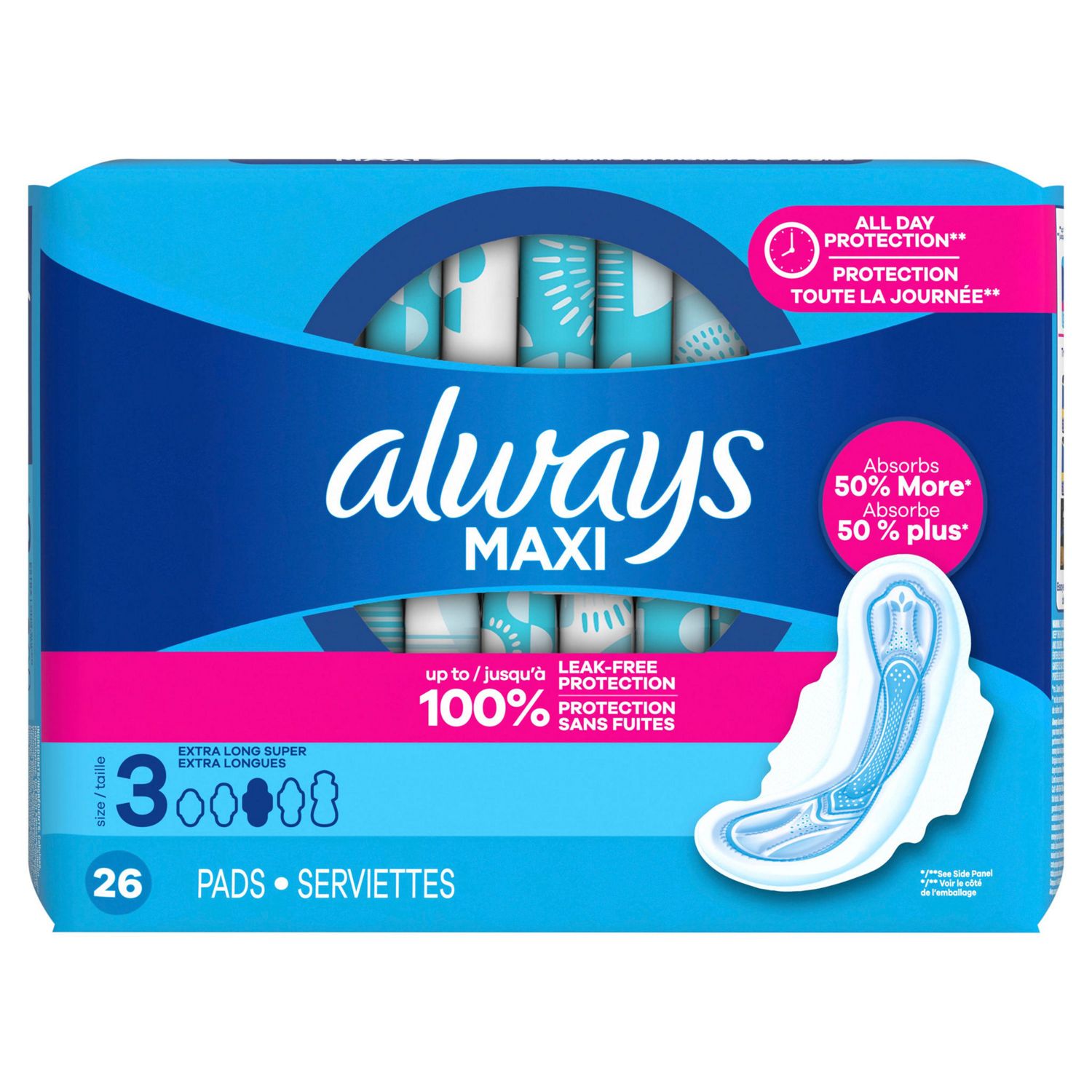 Always - Toallitas Maxi extralargas tamaño 3, Super Absorbency, sin perfume con alas, 26 u.