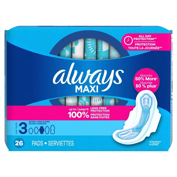 Always Maxi Pads Size 3 Extra Long Super Absorbency Unscented with Wings, 26 Count